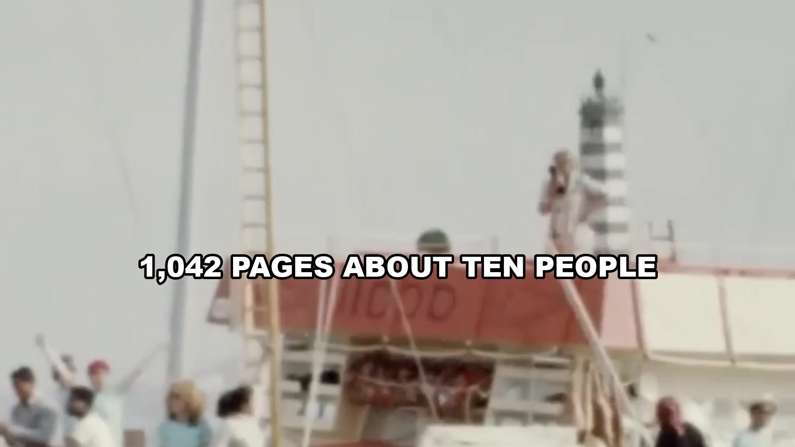 A frame from the 1973 source footage of the expedition's departure harbour